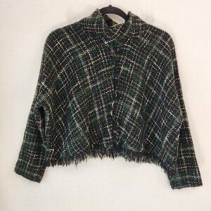 Zara Tweed Sweater Black Green Poncho Cape Crop Irish Women's S